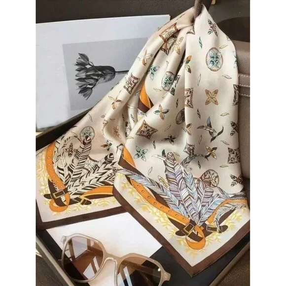 Elegant Silky Square Scarf Beige Feather Floral Print Luxury Versatile Luxurious - Picture 4 of 5